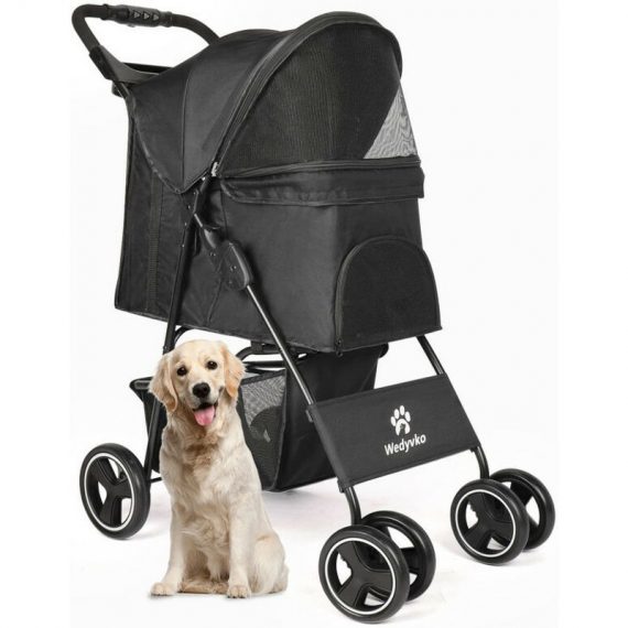 4-Wheel Folding Pet Stroller for small and medium-sized dogs and cats with cup holder and storage basket, 360° rotatable front wheels - Black P02B-hei 725086309488