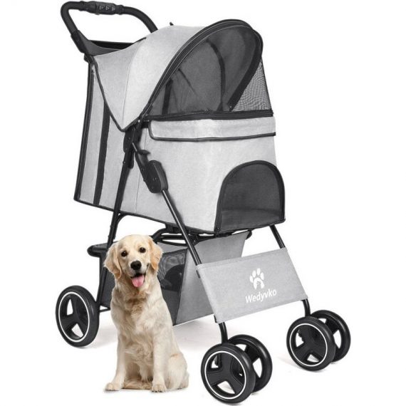 4-Wheel Folding Pet Stroller for small and medium-sized dogs and cats with cup holder and storage basket, 360° rotatable front wheels - Gray P02B-hui 725086309495