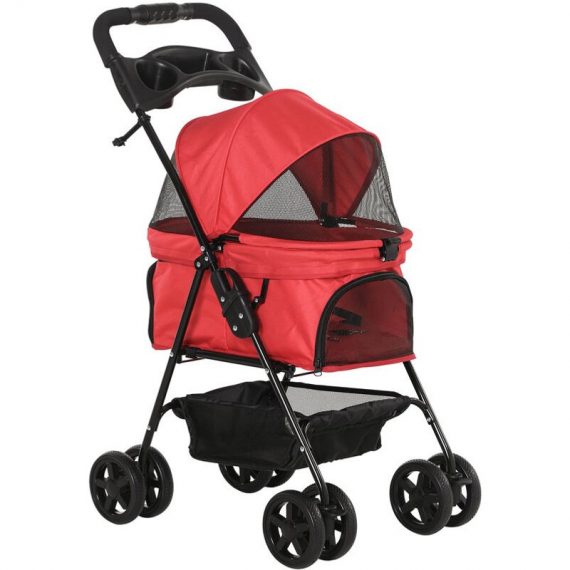 Pet Stroller No-Zip Foldable Travel Carriage with Brake Basket Canopy - Red - Pawhut 5056399127687 5056399127687