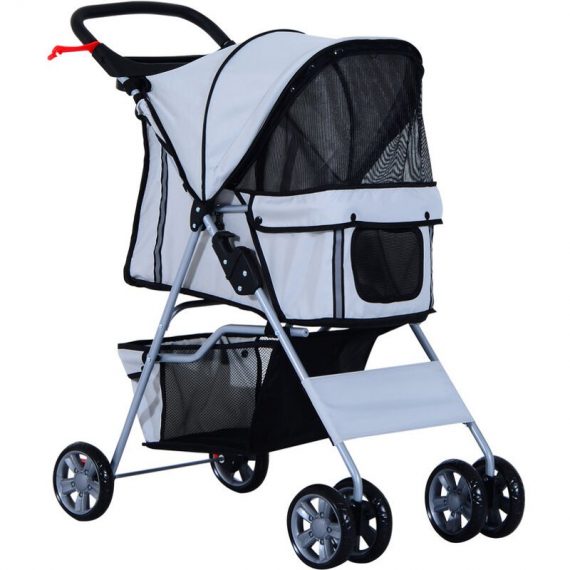 Pet Stroller Carrier Foldable Deluxe Jogger Walk Travel Dog Cat 4 Wheels - Grey - Pawhut 5055974826793 5055974826793