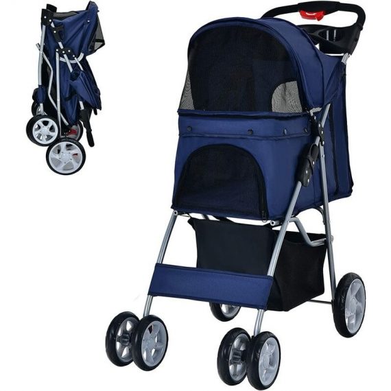 COSTWAY Folding Pet Stroller, 4 Lockable Wheels Dog Travel Pushchair Cat Buggy with Safety Belt, Adjustable Canopy, Cup Holder & Storage Basket, Dogs PS7427NY 661706160421