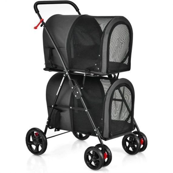 Double Pet Stroller, Folding Dog Travel Pushchair Cat Buggy with 4 Wheels, Safety Belt, 2 Detachable Carriers & Cushions, Dogs Cats Prams for Small PW10010DK 9649799839968