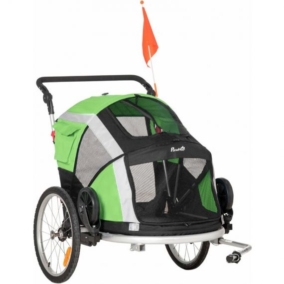 2-in-1 Dog Bicycle Trailer w/ Safety Leash, Reflectors - Green - Green - Pawhut 5056534542603 5056534542603