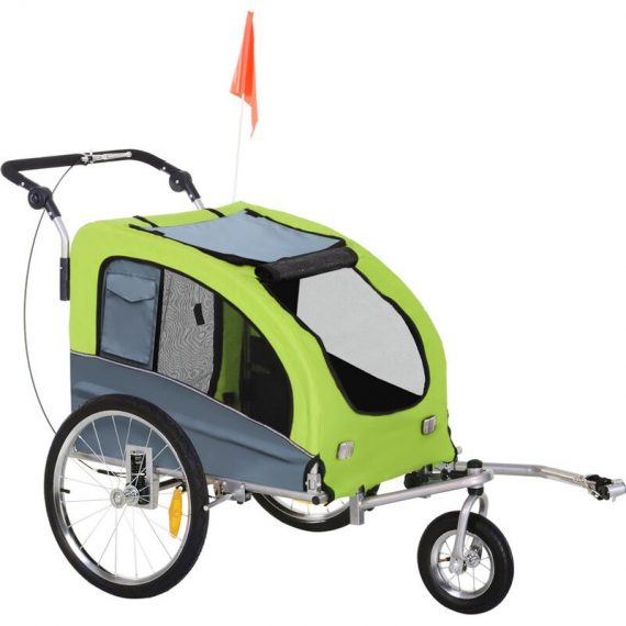 Pet Bicycle Trailer Water Resistant Carrier 3 Wheels Push Pull Brake - Grey & Green - Pawhut 5056029872024 5056029872024