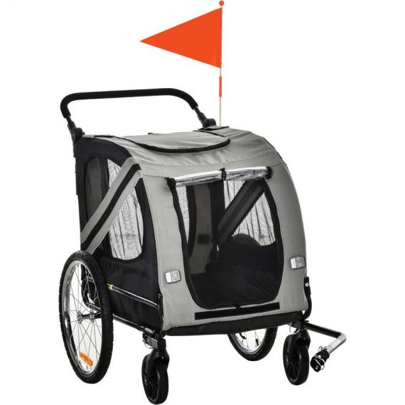 PawHut 2-In-1 Dog Bike Trailer Stroller w/ Universal Wheel Reflector Flag Grey - Grey 5056534520892 5056534520892