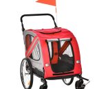 2-In-1 Dog Bike Trailer Stroller w/ Universal Wheel Reflector Flag Red - Red - Pawhut 5056534520939 5056534520939