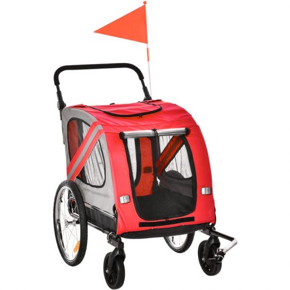 2-In-1 Dog Bike Trailer Stroller w/ Universal Wheel Reflector Flag Red - Red - Pawhut 5056534520939 5056534520939